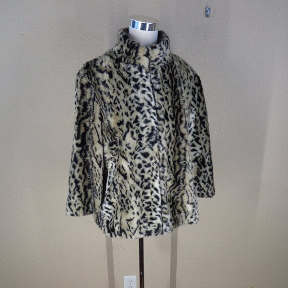 Chico's Womens Jacket Size 2 Cream Black Luxe Cheetah Print Aminal Faux Fur Coat - Picture 2 of 6